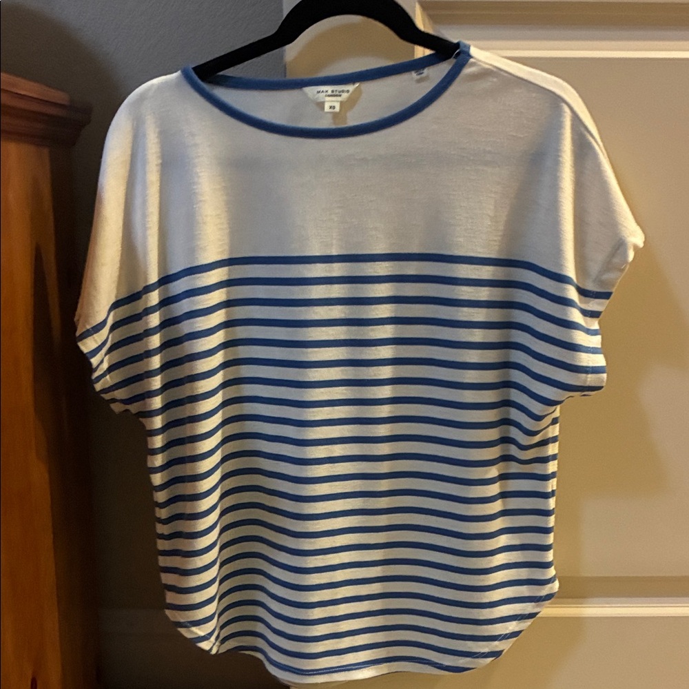 Max Studio Blue and White Striped Short Sleeve Top